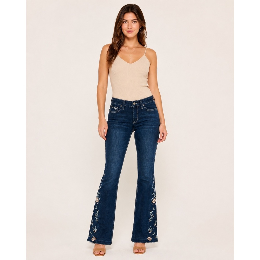 Cruel Denim Hannah Jeans Women 27 Blue Excellent Floral Embroidered Flare